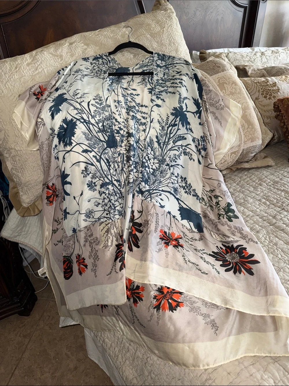Sheer Kimono Cover-Up in Cream, Navy & Orange exquisite washable lightweight - Picture 8 of 17